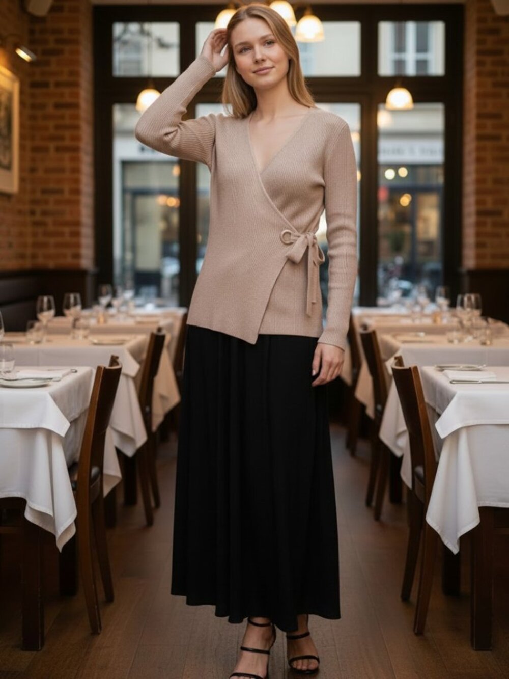 B My Story Ribbed Wrap Top | Beige‎ | Rhinestone Ring Tie